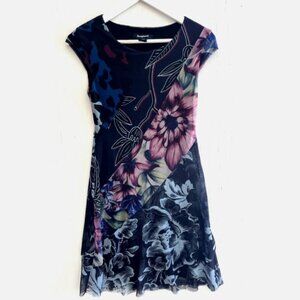 DESIGUAL Navy Floral Mesh Overlay A-Line Dress Stretch Lined Tiered Hem Size XS